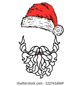 Padded beard and Santa Claus hat. Hand drawn New Year mask, isolated vector.