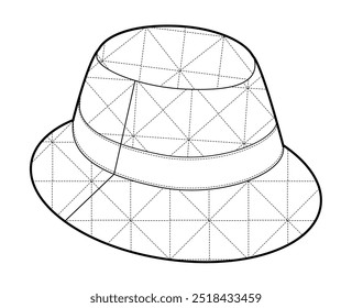 Padded Bucket Hat with stichings. Summer Head Fashion accessory cap clothing technical illustration. Vector headgear for Men, women, unisex style, flat template CAD mockup sketch outline isolated