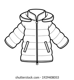 Padded downy winter jacket with hood outline for coloring on a white background