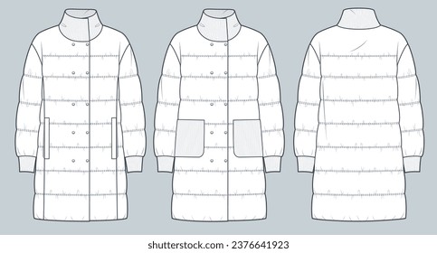 Padded Jacket technical fashion Illustration. High Neck Down Jacket, Coat fashion flat technical drawing template, ribbed, pocket, front and back view, white, women, men, unisex CAD mockup set.