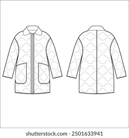 Padded Jacket technical fashion Illustration. High Neck Down Jacket, Coat fashion flat technical drawing template, ribbed, pocket, front and back view, white, women, men, unisex CAD mockup set.