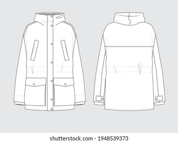 padded parka in windproof, hood with a detachable faux fur trim, front and back, drawing technical flat sketches of garments with vector illustration.