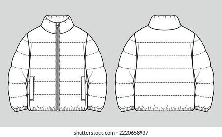 Padded puffer down jacket  Oversized winter quilting coat  Vector technical sketch  Mockup template 