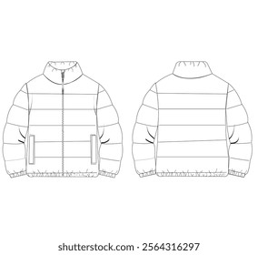 Padded puffer down jacket. Oversized unisex winter quilting coat. Vector technical sketch. Mockup template.