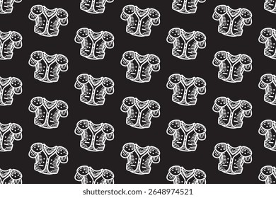 padded shoulder pads pattern. american football shoulder pad vintage repeat seamless pattern wallpaper. black background with rugby body guard outline illustration for sport themed merchandise.