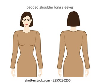Mangas de hombro acolchadas largo largo personaje de ropa hermosa dama desnuda, camisa, vestimenta técnica ilustración de moda, cuerpo empotrado. Plantilla de ropa plana delante, atrás. Mujeres, hombres unisex CAD