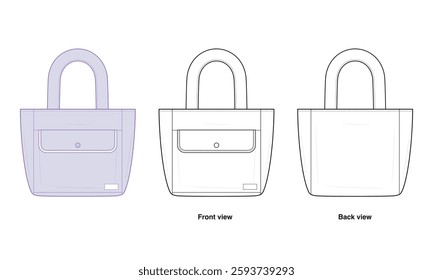 Padded Tote Bag Technical Fashion Illustration. Tote with Front Pocket and Flap Closure Vector Template. Padded Handles. Soft Structured Design. Spacious Interior. Women’s Handbag. CAD Mockup set.