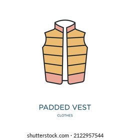 padded vest icon from clothes collection. Thin outline padded vest, game, balls detailed offset lineal color icon isolated on white background. Line vector padded vest sign, symbol for web and mobile