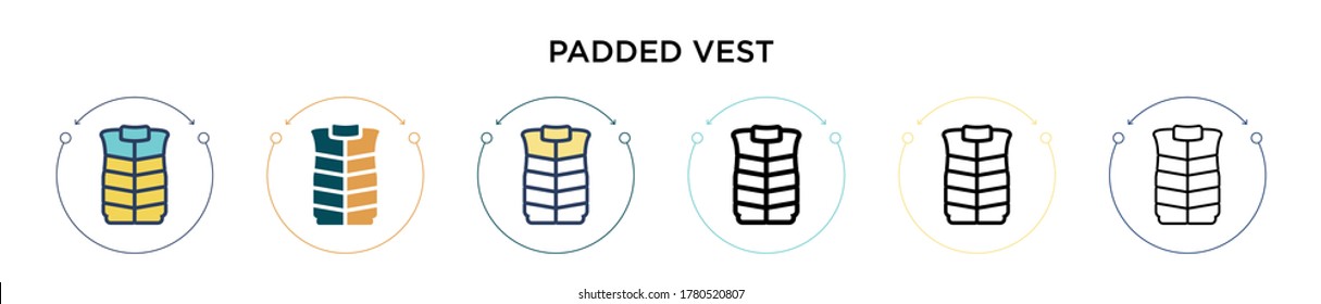 Padded vest icon in filled, thin line, outline and stroke style. Vector illustration of two colored and black padded vest vector icons designs can be used for mobile, ui, web