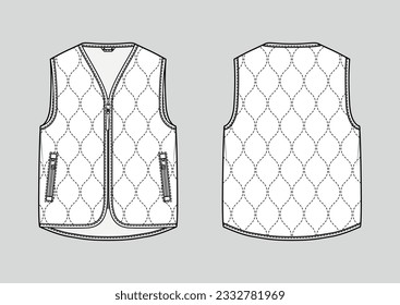 Padded warm collarless style gilet. Puffer vest. Vector technical sketch. Mockup template. svg
