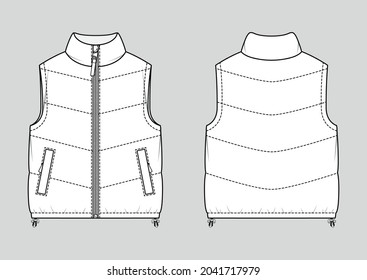 Padded warm gilet  Puffer vest  Vector technical sketch  Mockup template 