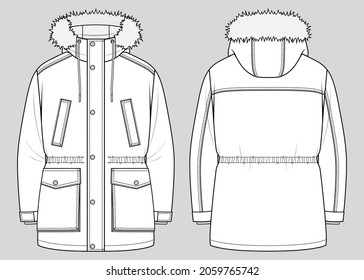 Padded winter parka. Men's oversized coat with hood and fur trim. Vector technical sketch. Mockup template. - Shutterstock ID 2059765742