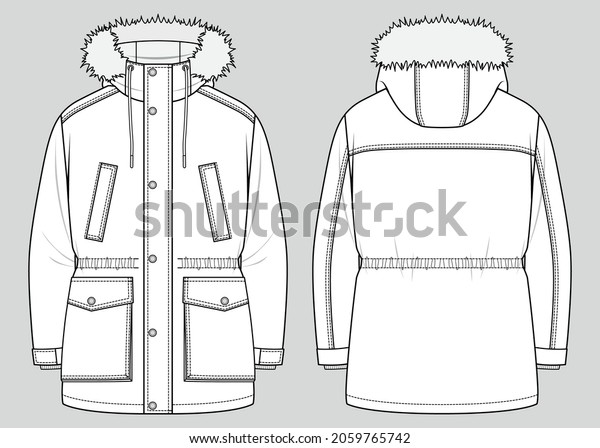 Padded winter parka.\
Men\'s oversized coat with hood and fur trim. Vector technical\
sketch. Mockup\
template.