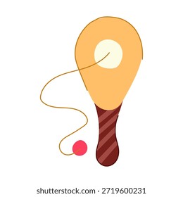 Ilustración de juguete de pelota de pádel con una paleta amarilla, bola roja y cuerda, que simboliza la diversión clásica, la destreza y la coordinación de la mano y el ojo en las actividades de la infancia