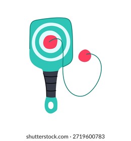 Ilustración de juguete de pelota de pádel con una paleta con un diseño de objetivo y una pelota adjunta, que representa juegos retro, juego y desarrollo de habilidades para niños