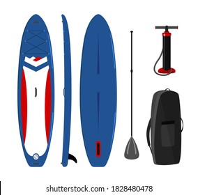 Paddle board  and accessory object set, isolated illustrations.