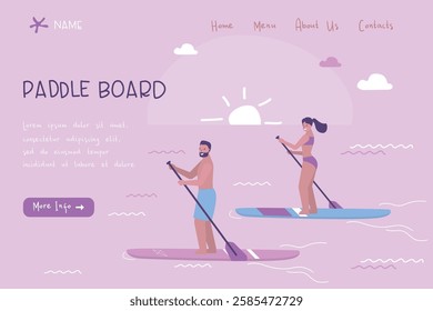 Paddle board, landing page template. Active people riding sup boards on water. Stand up paddle. Friends surfer in swimming suits outdoor. Sportmen standing with paddles on boards, sea summer enjoy.