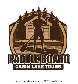 Paddle Board Logo Design with Lake and Cabin House