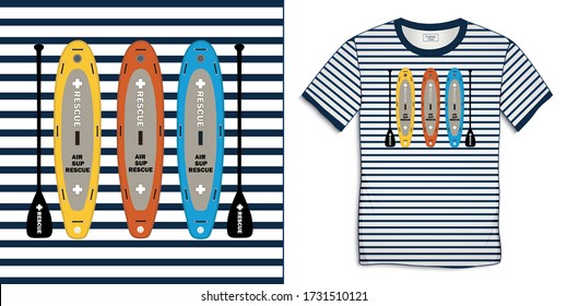 Paddle board, nautical motive image shirt sailor stripes, isolated on background, Print on t-shirt graphics design