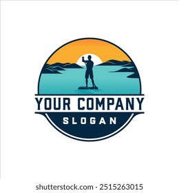 Paddle board on the lake vector logo with round badge design	