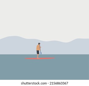 Paddle board on a quiet sea. Relaxing in ocean. Stand up paddle boarding - Active recreation in nature. Flat vector illustration.