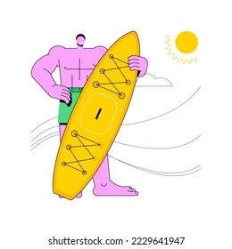 Paddle board rental isolated cartoon vector illustrations. Happy young man holding a rental paddle board, walking on the beach, recreation business, outdoor equipment vector cartoon.