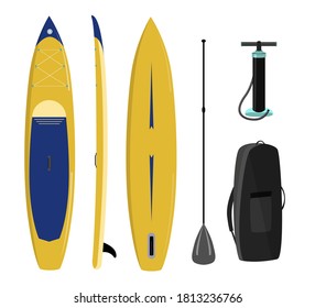Paddle board set of objects isolated illustration.