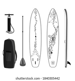 Paddle board set of objects isolated illustration.
