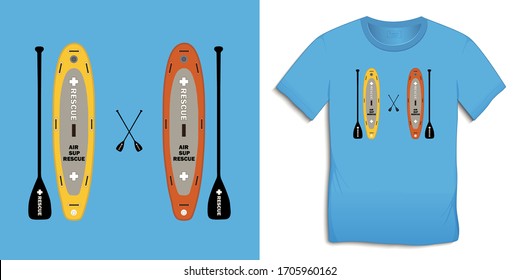 Paddle board and surfboard, isolated on blue background, print on t-shirt graphics design, vector