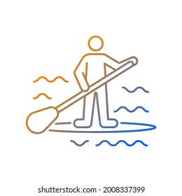 Paddle board surfing gradient linear vector icon. SUP surfing. Upper body training. Require balance, coordination. Thin line color symbols. Modern style pictogram. Vector isolated outline drawing