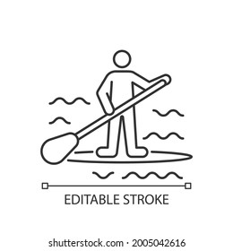 Paddle board surfing linear icon. SUP surfing. Upper body training. Require balance, coordination. Thin line customizable illustration. Contour symbol. Vector isolated outline drawing. Editable stroke