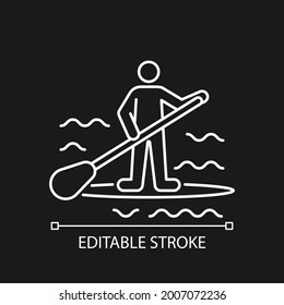 Paddle board surfing white linear icon for dark theme. SUP surfing. Require balance, coordination. Thin line customizable illustration. Isolated vector contour symbol for night mode. Editable stroke