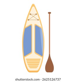 Paddle board com sua pá de madeira em pé, pronto para uma aventura aquática
