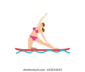 Paddle board yoga concept with young woman vector illustration isolated on white background. Fitness on water, sport training, healthy lifestyle in flat design.