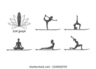 Paddle board yoga logo set with yoga poses on SUP boards. Woman silhouette standing in different yoga poses