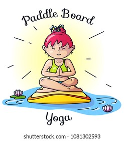 Paddle board yoga meditation, SUP Surfing vector cartoon illustration