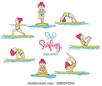 Paddle board yoga poses, SUP Surfing vector cartoon illustrations set