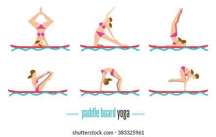 Paddle board yoga set, sup yoga. Six different poses on the paddle board. Girl standing in different yoga poses.