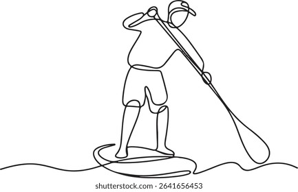 Paddle boarder continuous single line drawing in minimalist style with person standing on board holding a long paddle over water

