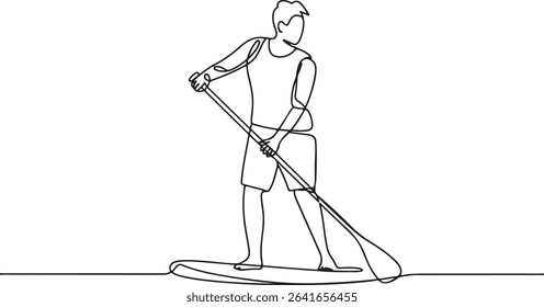 Paddle boarder continuous single line drawing in minimalist style with person standing on board holding a long paddle over water

