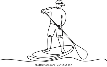 Paddle boarder continuous single line drawing in minimalist style with person standing on board holding a long paddle over water

