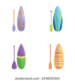 Paddle boarding icons set cartoon vector. Inflatable sup board with paddle. Beach watersport