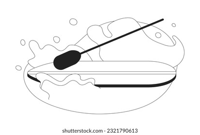 Paddle boarding lake monochrome flat vector object. Paddleboarding river. Sup board. Editable black and white thin line icon. Simple cartoon clip art spot illustration for web graphic design