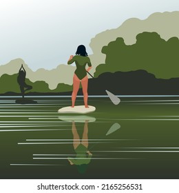 Paddle boarding on river. Girl stand up paddle boarding at lake. Vector illustration of sup yoga - water sport. Sup paddling woman character