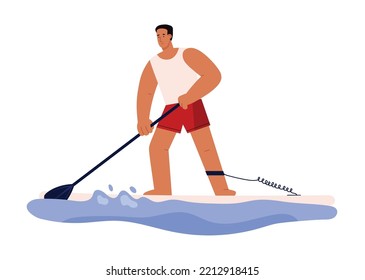 El abordaje del hombre sonriente estilo plano, ilustración vectorial aislada en fondo blanco. Deportes náuticos modernos, actividades al aire libre, recreación y estilo de vida
