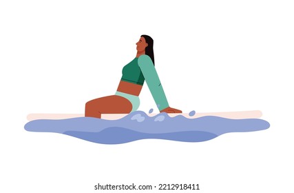 Paddle boarding smiling woman flat style, vector illustration isolated on white background. Relaxed woman sitting on board, water activities, lifestyle