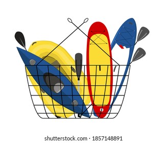 Paddle boards, inflatable boat and kayak in a shopping basket isolated illustration.