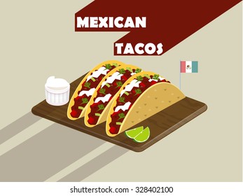 A paddle of delicious mexican tacos with lime and cheese,flat design of mexican tacos