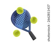 Paddle racket with a ball ready to play 3D render vector illustration. Professional padel tennis racket and balls. Sport and recreation concept for all family