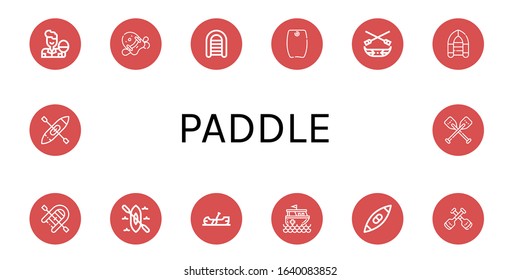 paddle simple icons set. Contains such icons as Table tennis, Pool kickboard, Inflatable boat, Bodyboard, Canoe, Kayak, Rescue boat, Paddles, can be used for web, mobile and logo